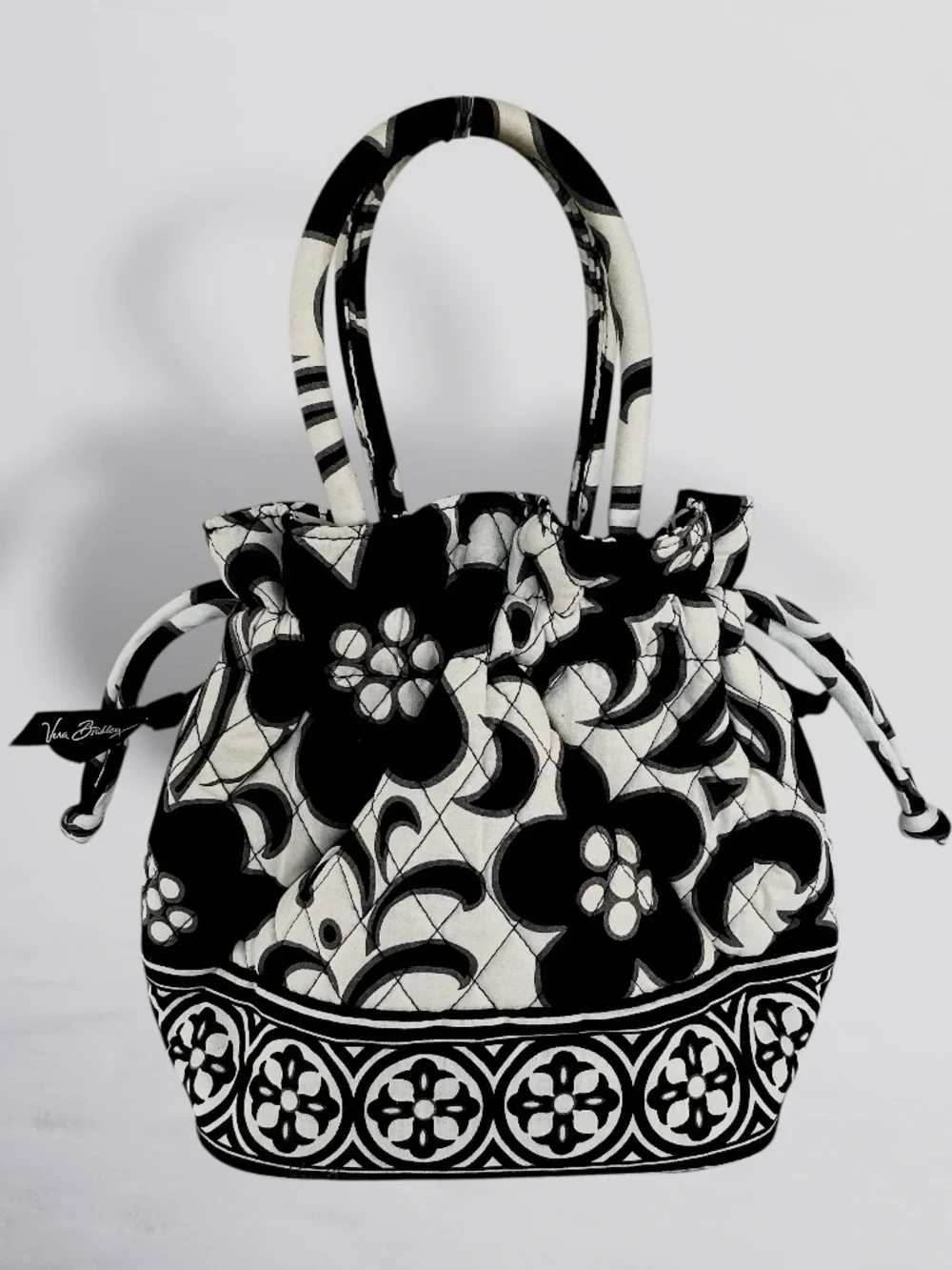 VERA BRADLEY Night & Day Draw String Satchel Black & White Floral Quilted Purse